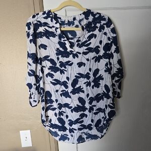 Chaus Navy and White Floral Blouse